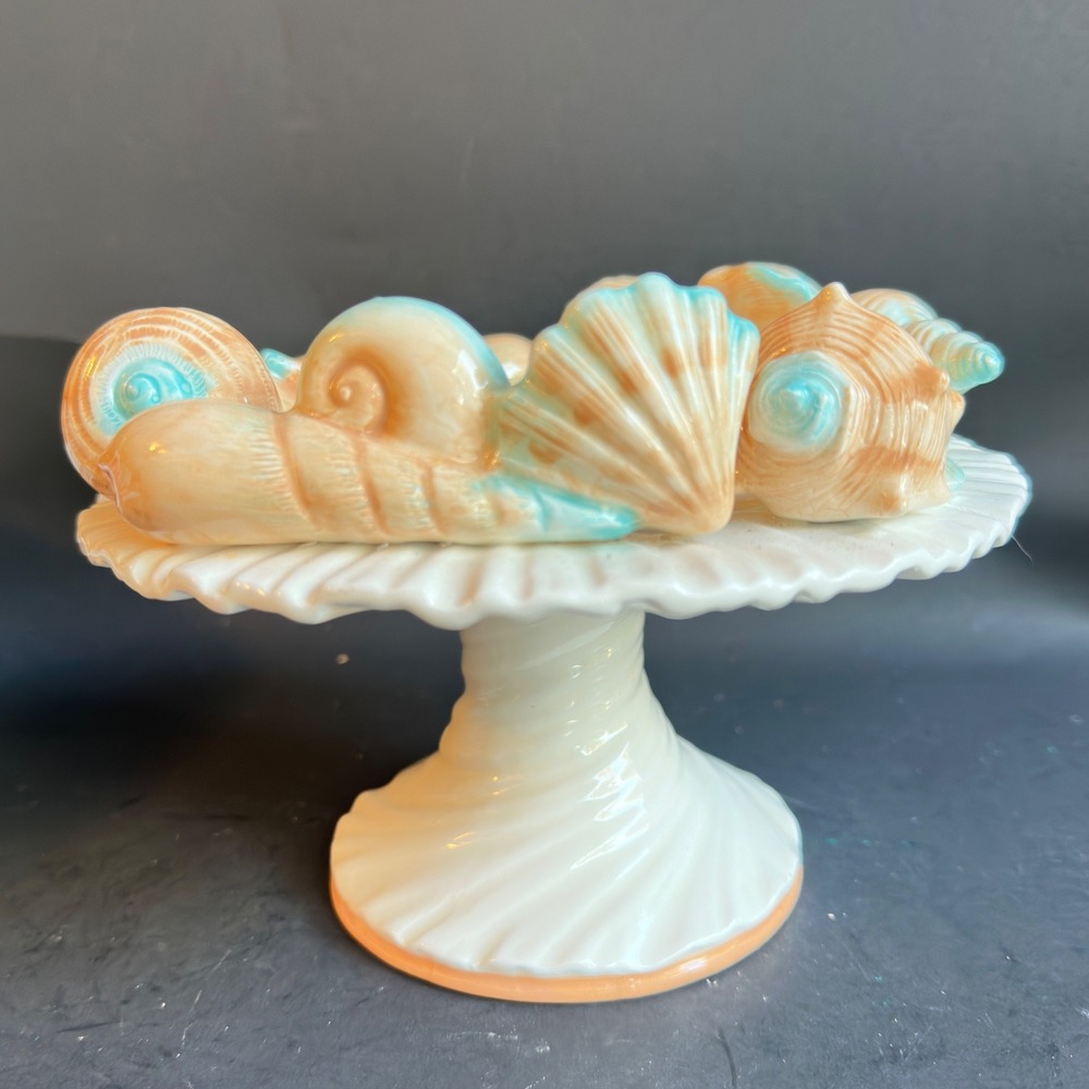 Fitz and Floyd Seashell Compote Footed Bowl Coastal Beach Decor Cream Peach Aqua